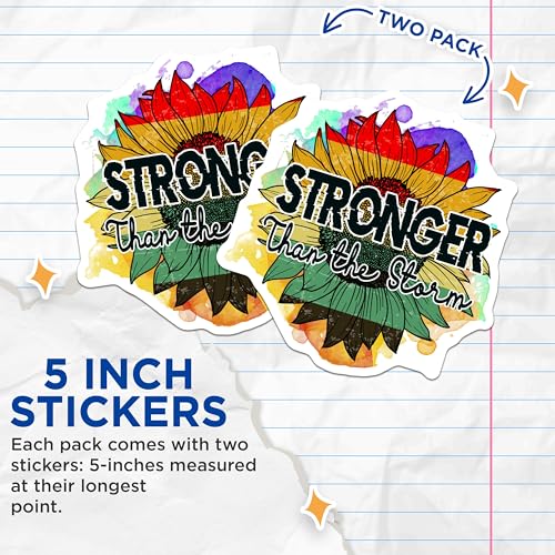 (2 Pack) Stronger Than The Storm Stickers - Motivational Quote Sticker - Inspirational Sunflower Art - 5" On Longest Side - Sticks to Smooth Flat Surfaces - Made in USA - BMCS5686