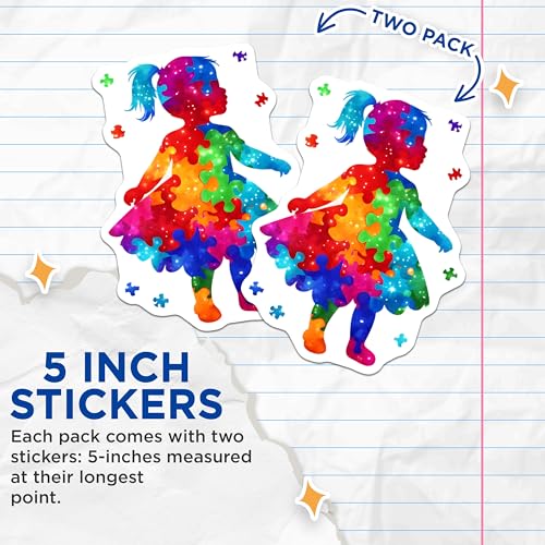 (2 Pack) Puzzle Piece Girl Stickers - Colorful Puzzle Art - Autism Awareness - 5" On Longest Side - Sticks to Smooth Flat Surfaces - Made in USA - BMCS7903