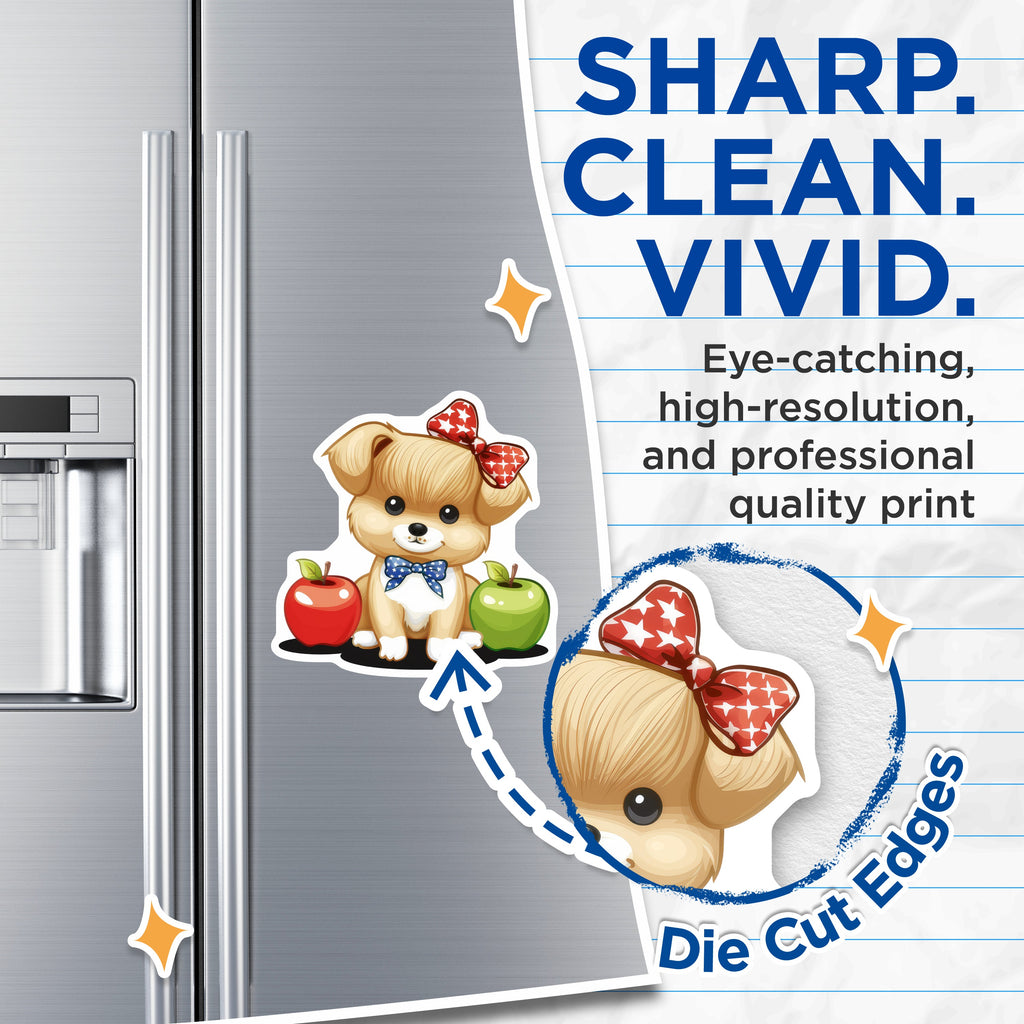 (2 Pack) Cute Puppy Magnets - Kawaii Dog Lover - Teacher Appreciation - Fridge Locker Decor - Star Bows Apple - 5 Inches On Longest Side - Thick Durable Magnet - Made in USA - MAG39272