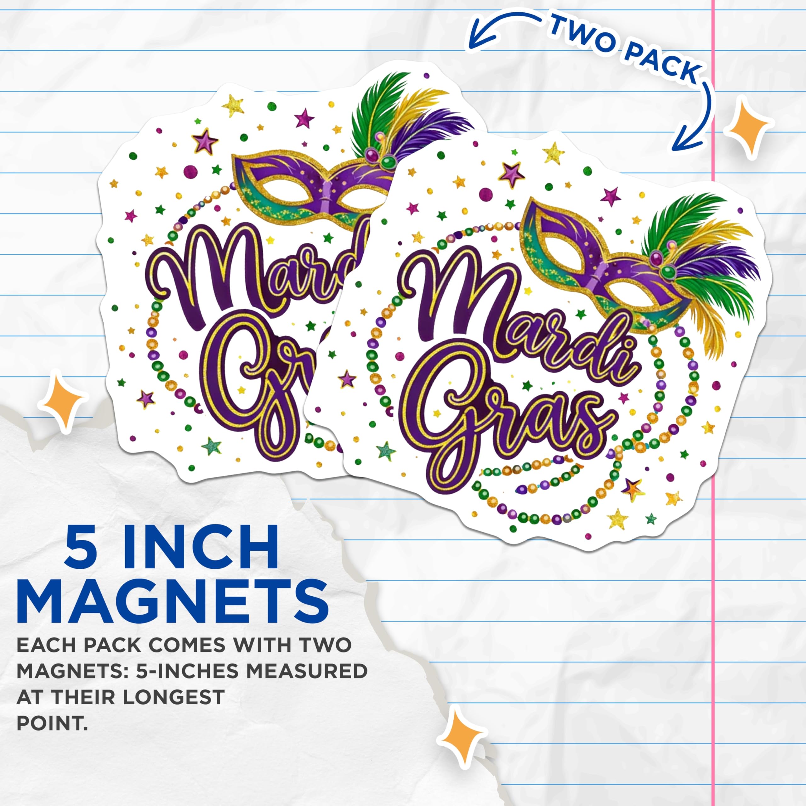 (2 Pack) Mardi Gras Magnets - Carnival Celebration Magnet - New Orleans Fridge Decor - 5" On Longest Side - Premium Magnet - for Cars, Refrigerators, Toolboxes, Lockers - Made in USA - MAG17037