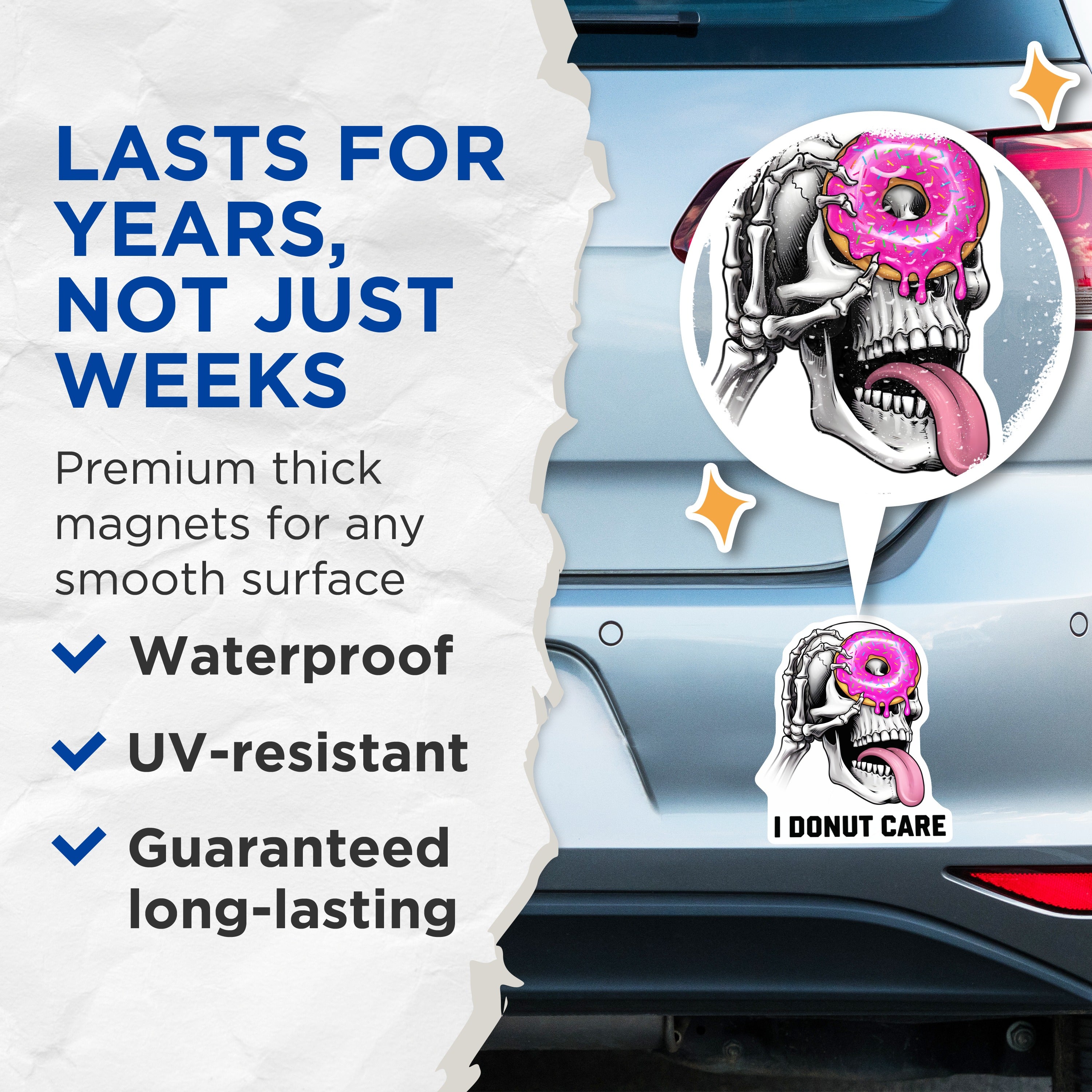 (2 Pack) I Donut Care Magnets - Funny Skeleton Donut Art - Sarcastic Humor Decor - Quirky Fridge Accessory - 5 Inches On Longest Side - Thick Durable Magnet - Made in USA - MAG39613
