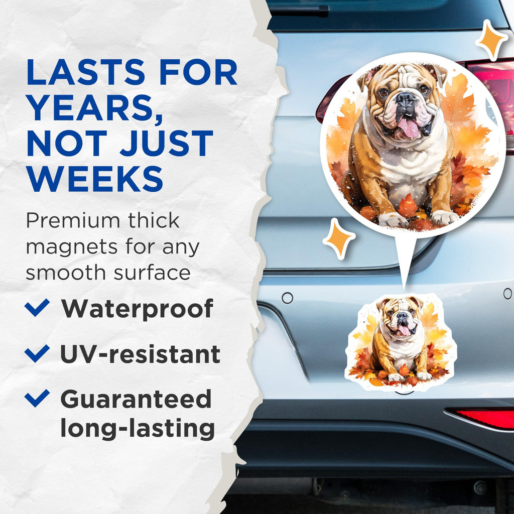 (2 Pack) Cute Bulldog Magnets - Autumn Leaves Dog Decor - Fall Refrigerator Magnets - 5 Inches On Longest Side - Thick Durable Magnet - Made in USA - MAG25917