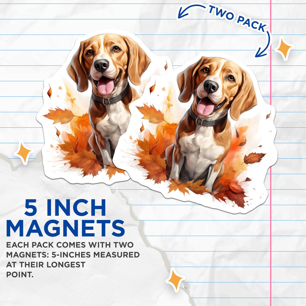 (2 Pack) Happy Beagle Dog Magnets - Autumn Fall Leaves Decor - Cute Pet Refrigerator Accessory - 5 Inches On Longest Side - Thick Durable Magnet - Made in USA - MAG24374