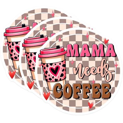 (3 Pack) Mama Needs Coffee Decals - Retro Style Stickers - Coffee Lover Decals - 3 Inches On Longest Side - Easy Peel & Apply - Made in USA - 3MCS6303