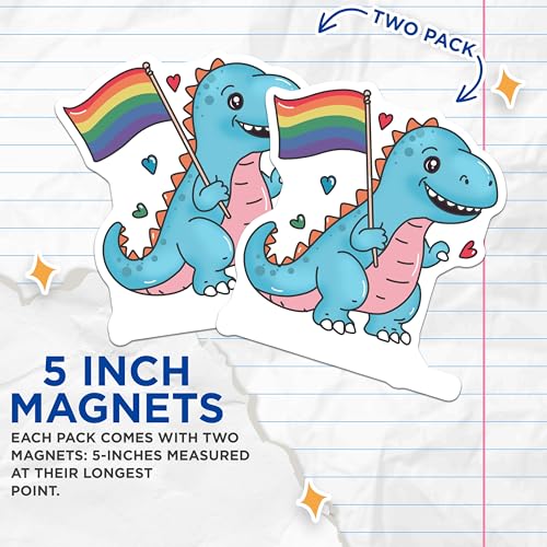 (2 Pack) Cute Dinosaur Pride Flag Magnets - Kids Room Decor - LGBTQ Support - Fun Fridge Magnets - 5" On Longest Side - for Cars, Fridges, Toolboxes - Made in USA - MAG6676