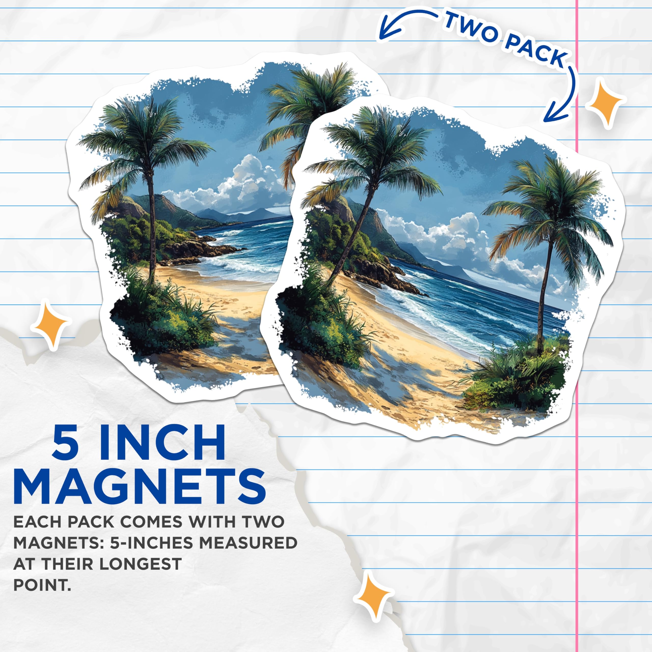 (2 Pack) Tropical Beach Magnets - Palm Tree Ocean Scene - Coastal Home Decor - Vacation Souvenir - 5 Inches On Longest Side - Thick Durable Magnet - Made in USA - MAG26151