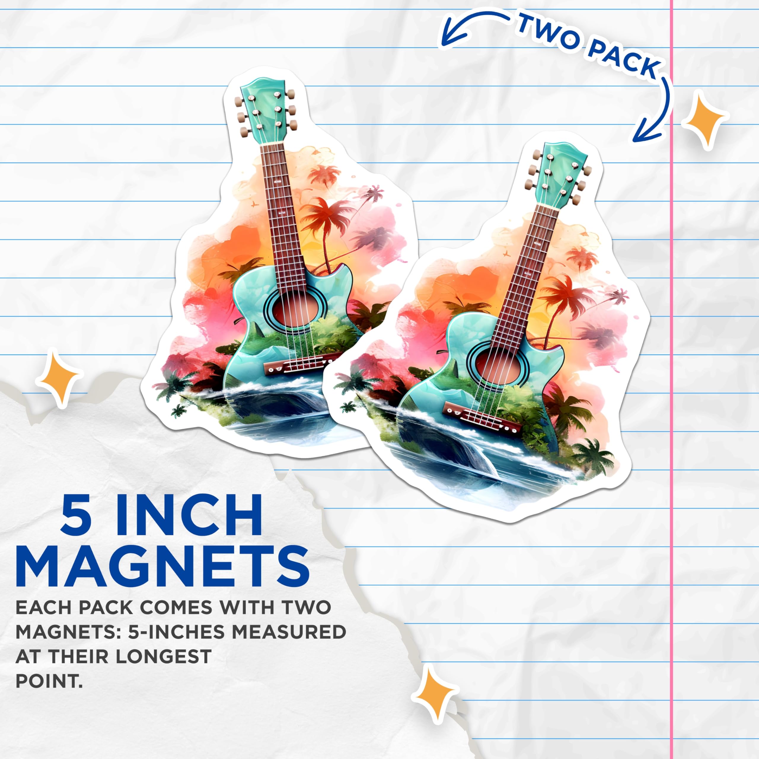 (2 Pack) Tropical Guitar Magnets - Hawaiian Island Music Decor - Vibrant Watercolor Beach Scene - Ocean Sunset Art - 5 Inches On Longest Side - Thick Durable Magnet - Made in USA - MAG23003