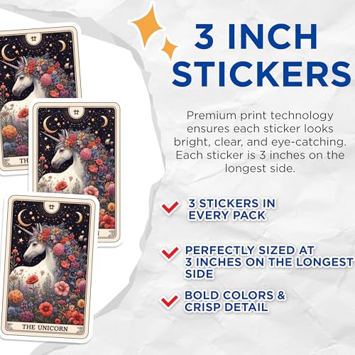 (3 Pack) Unicorn Decals - Floral Fantasy Stickers - Mystical Creature Art - 3 Inches On Longest Side - Easy Peel & Apply - Made in USA - 3MCS4280