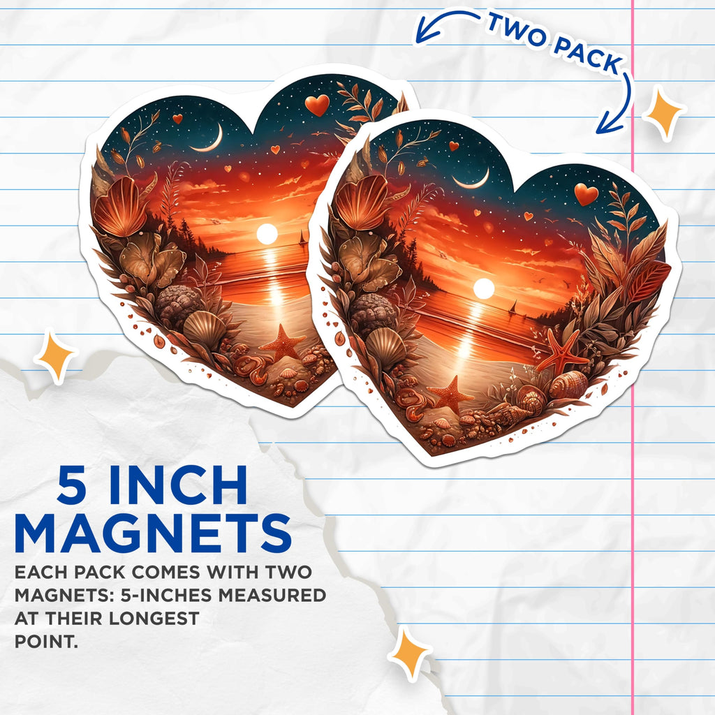 (2 Pack) Sunset Heart Magnets - Beach Theme Magnet - Ocean Love Home Decor - 5" On Longest Side - Premium Magnet - for Cars, Refrigerators, Toolboxes, Lockers - Made in USA - MAG14581