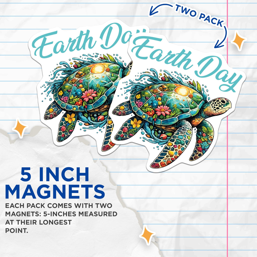 (2 Pack) Earth Day Sea Turtle Magnets - Ocean Conservation Decor - Nature Lover Fridge Art - 5 Inches On Longest Side - Thick Durable Magnet - Made in USA - MAG21930