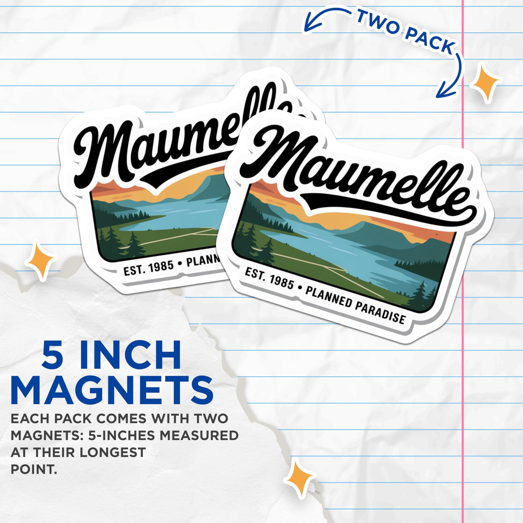 (2 Pack) Maumelle Arkansas Magnets - Lake Town Decor - Retro Travel Souvenir Magnets - 5" On Longest Side - Premium Magnet - for Cars, Refrigerators, Toolboxes, Lockers - Made in USA - MAG17587