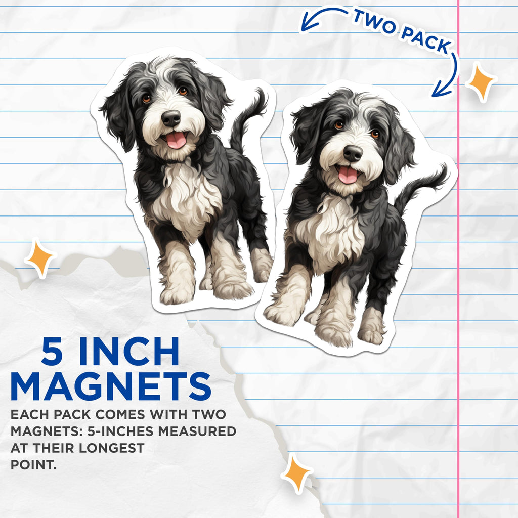 (2 Pack) Bernedoodle Puppy Magnets - Fluffy Dog Decor - Cute Pet Accessories - 5 Inches On Longest Side - Thick Durable Magnet - Made in USA - MAG23993