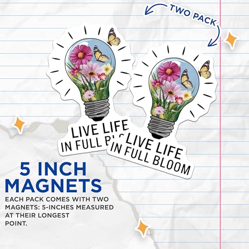 (2 Pack) Live Life in Full Bloom Magnets Magnets - Lightbulb Flower Design - 5" On Longest Side - Made in USA - Sticks to Refrigerators & Metal Surfaces - MAG8945