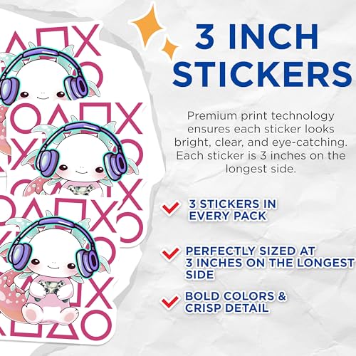 (3 Pack) Axolotl Gaming Decals - Gamer Axolotl - Headphone Decals - 3 Inches On Longest Side - Easy Peel & Apply - Made in USA - 3MCS6556