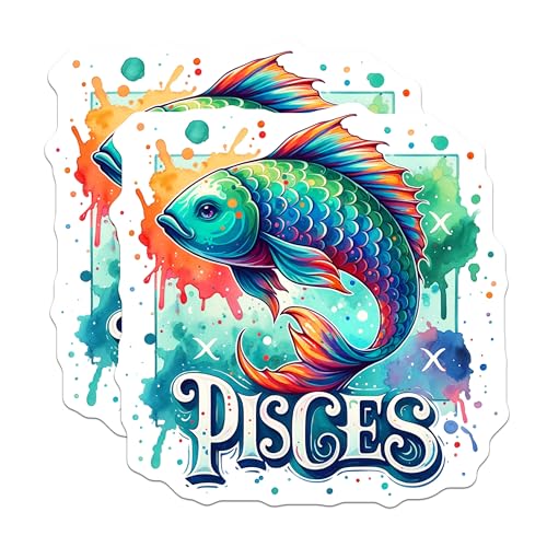 (2 Pack) Pisces Zodiac Stickers - Colorful Fish Art - Astrology Sign Decor - 5" On Longest Side - Sticks to Smooth Flat Surfaces - Made in USA - BMCS7029
