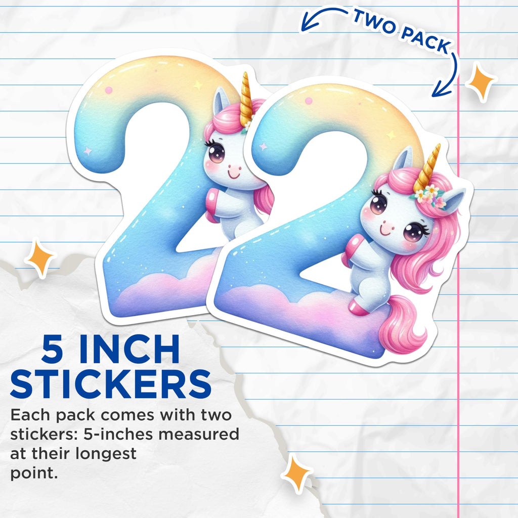 (2 Pack) Number Two Unicorn Stickers - Birthday Party Decor - Second Birthday Favor - 5" On Longest Side - Sticks to Smooth Flat Surfaces - Made in USA - BMCS14414