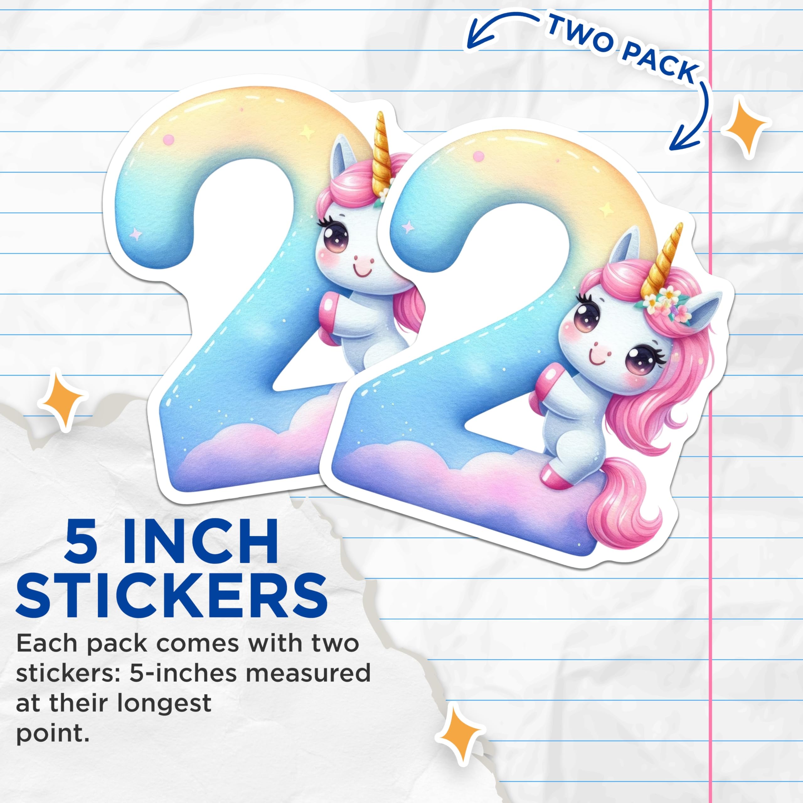 (2 Pack) Number Two Unicorn Stickers - Birthday Party Decor - Second Birthday Favor - 5" On Longest Side - Sticks to Smooth Flat Surfaces - Made in USA - BMCS14414
