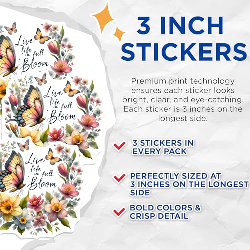 (3 Pack) Butterfly Floral Decals - Bloom Flowers - Laptop Decals - 3 Inches On Longest Side - Easy Peel & Apply - Made in USA - 3MCS0067