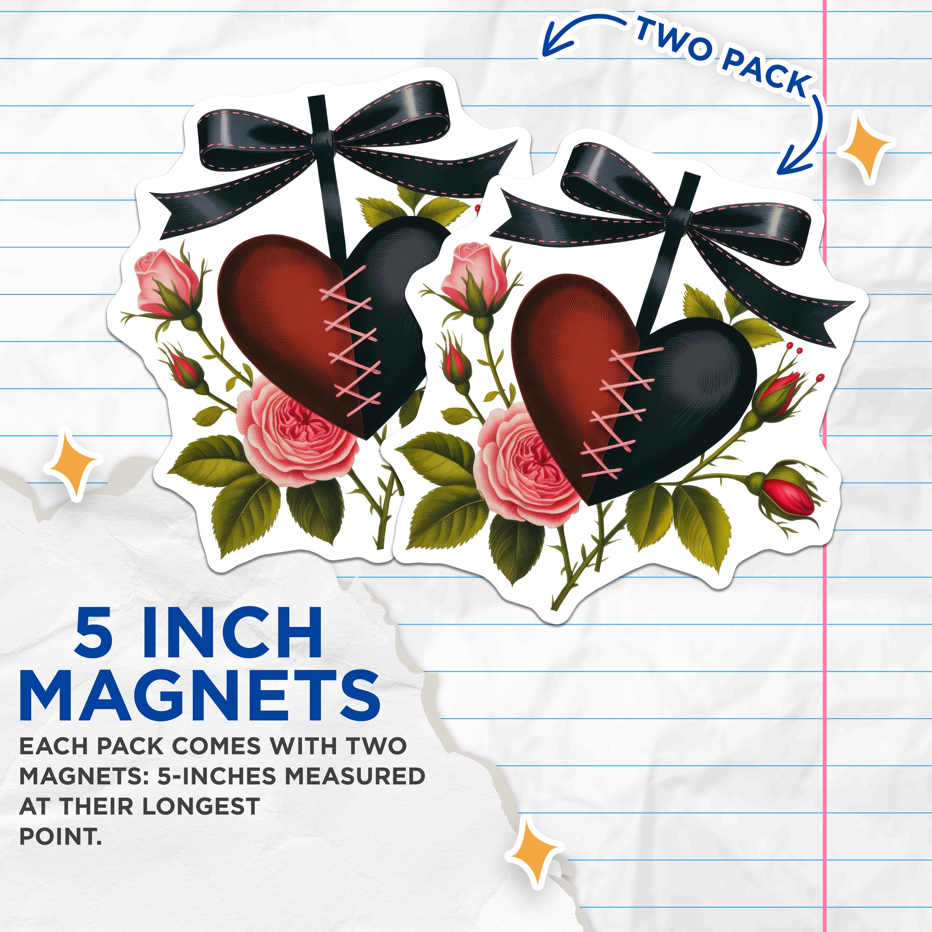(2 Pack) Stitched Heart Magnets - Gothic Romance Decor - Dark Academia - Emo Aesthetic Art - 5 Inches On Longest Side - Thick Durable Magnet - Made in USA - MAG37190