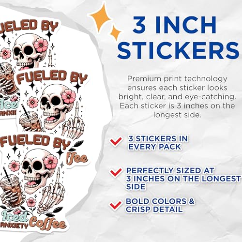 (3 Pack) Iced Coffee Decals - Anxiety Fuel - Skull Laptop Decal - 3 Inches On Longest Side - Easy Peel & Apply - Made in USA - 3MCS6288