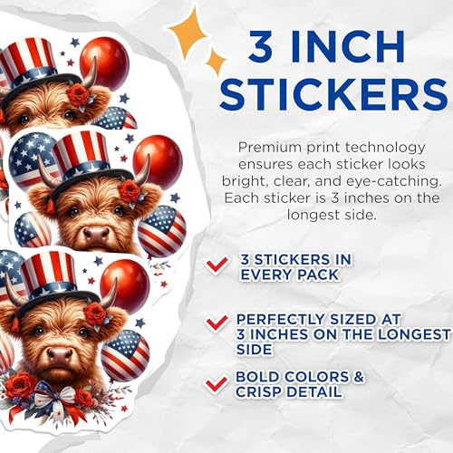 (3 Pack) Patriotic Cow Decals - American Flag - July Fourth Decor- 3 Inches On Longest Side - Easy Peel & Apply - Made in USA - 3MCS5136
