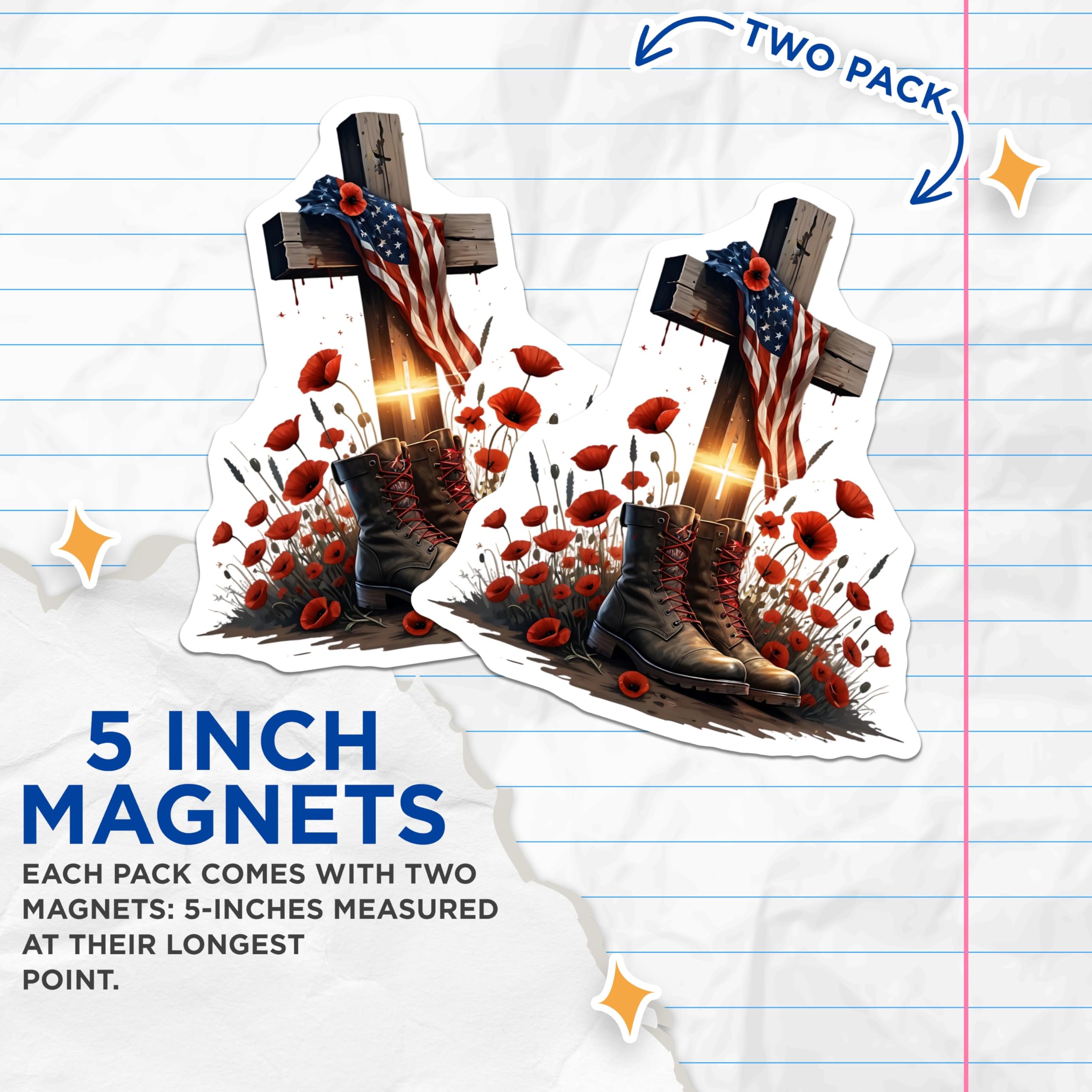 (2 Pack) Memorial Day Magnets - Remembrance Day Art - Lest We Forget Decor - 5" On Longest Side - Premium Magnet - for Cars, Refrigerators, Toolboxes, Lockers - Made in USA - MAG15898