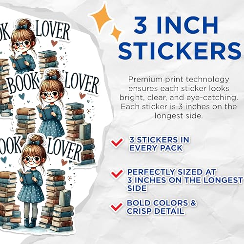 (3 Pack) Book Lover Decals - Girl Reading - Book Stack - Laptop Decal - 3 Inches On Longest Side - Easy Peel & Apply - Made in USA - 3MCS1563