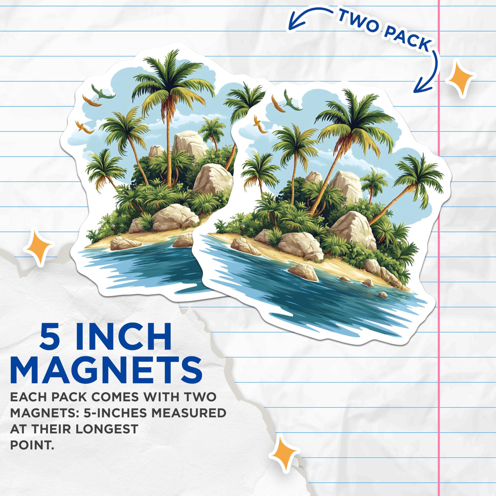 (2 Pack) Tropical Island Magnets - Palm Trees Beach Ocean - Exotic Paradise Landscape Decor - 5 Inches On Longest Side - Thick Durable Magnet - Made in USA - MAG23758