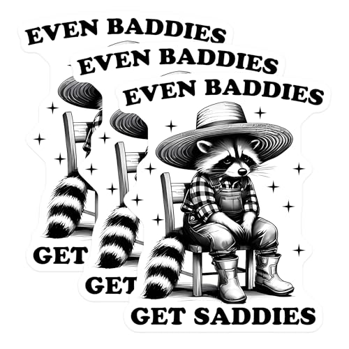 (3 Pack) Raccoon Decals - Even Baddies Get Saddies - Cowboy Hat Raccoon - 3 Inches On Longest Side - Easy Peel & Apply - Made in USA - 3MCS2514