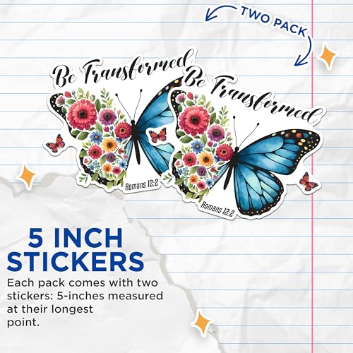 (2 Pack) Be Transformed Stickers - Romans 12:2 Stickers - Inspirational Butterfly Bible Verse Stickers - 5" On Longest Side - Sticks to Any Smooth Flat Surface - Made in USA - BMCS2834