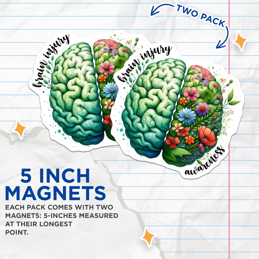 (2 Pack) Brain Injury Awareness Magnets - Floral Brain Magnets - Mental Health Support Magnets - 5" On Longest Side - for Cars, Refrigerators, Toolboxes, Lockers - Made in USA BMCS3253
