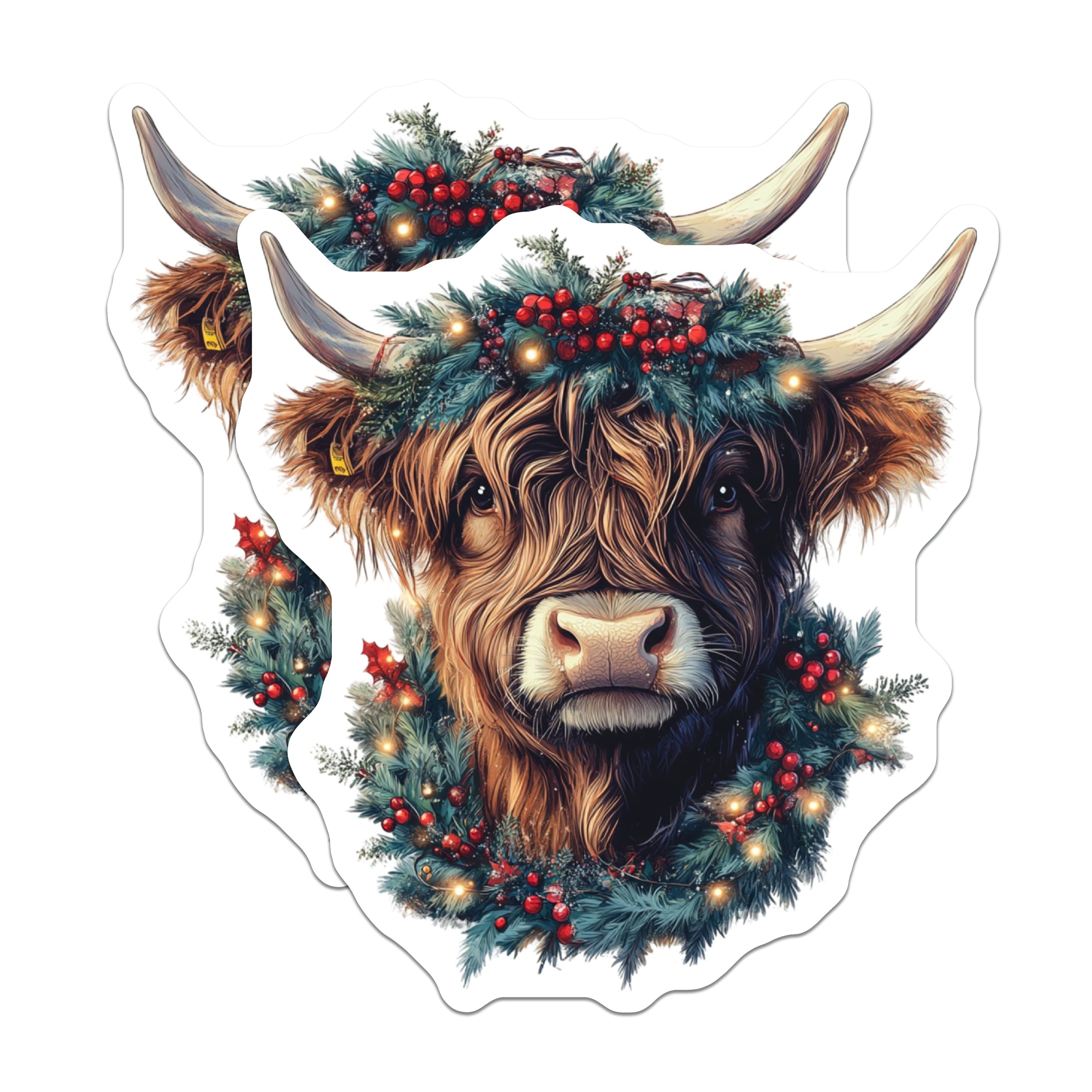 (2 Pack) Highland Cow Christmas Wreath Magnets - Festive Farm Animal Refrigerator Decor - Winter Holiday Accent - 5 Inches On Longest Side - Thick Durable Magnet - Made in USA - MAG39528