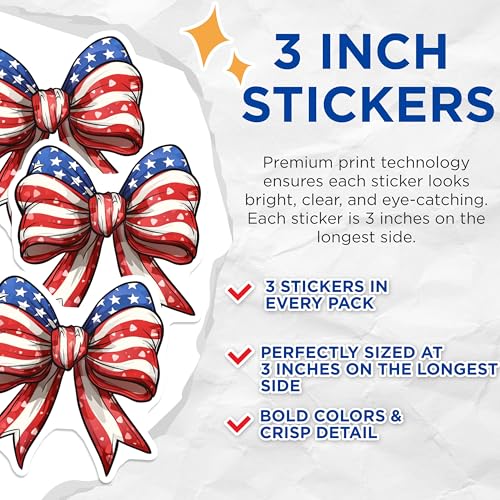 (3 Pack) American Flag Bow Decals - Patriotic Bow Decor - USA Bow Stickers - 3 Inches On Longest Side - Easy Peel & Apply - Made in USA - 3MCS4755