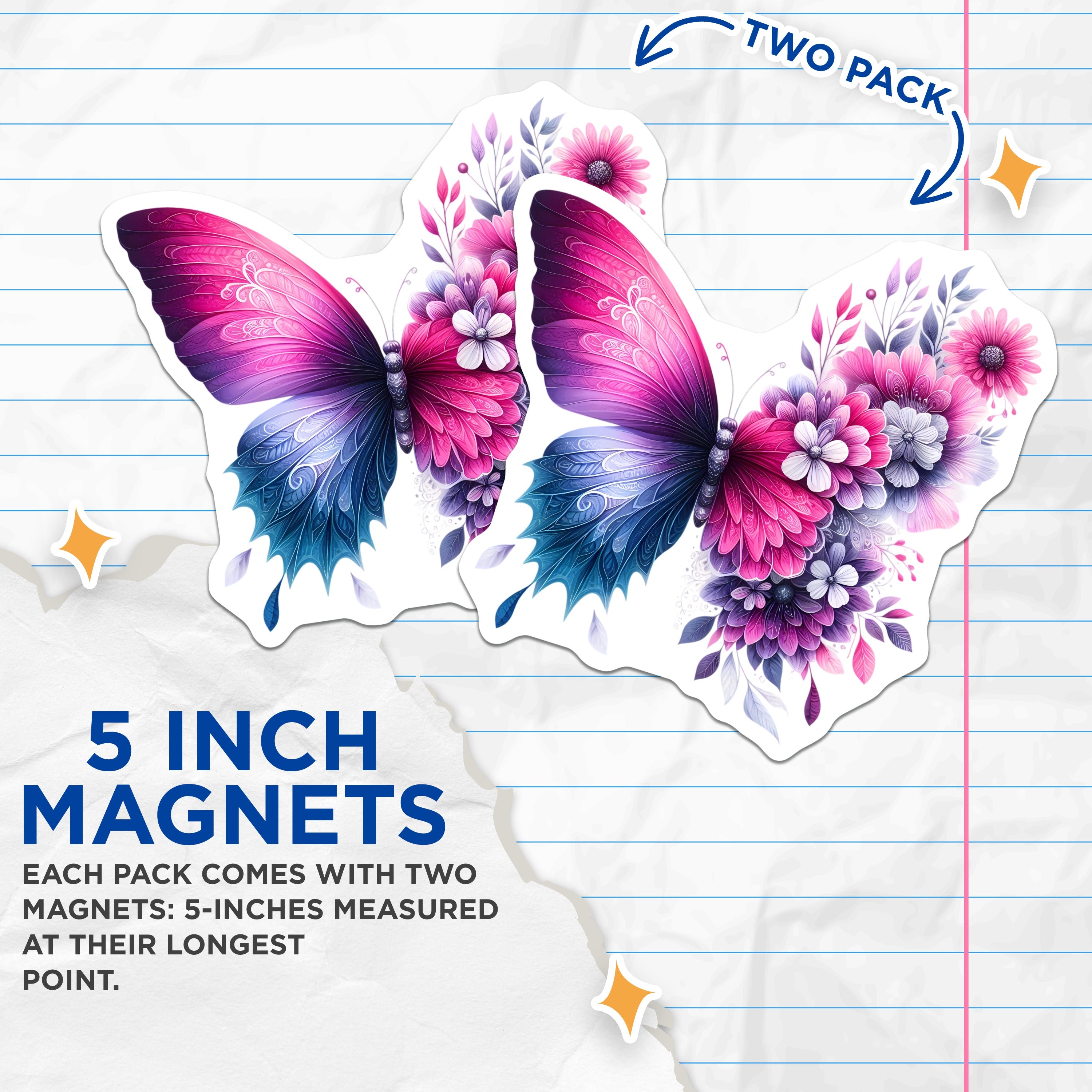 (2 Pack) Butterfly Flower Magnets - Whimsical Floral Art Decor - Nature Inspired Aesthetic Fridge Magnets - 5 Inches On Longest Side - Thick Durable Magnet - Made in USA - MAG37327