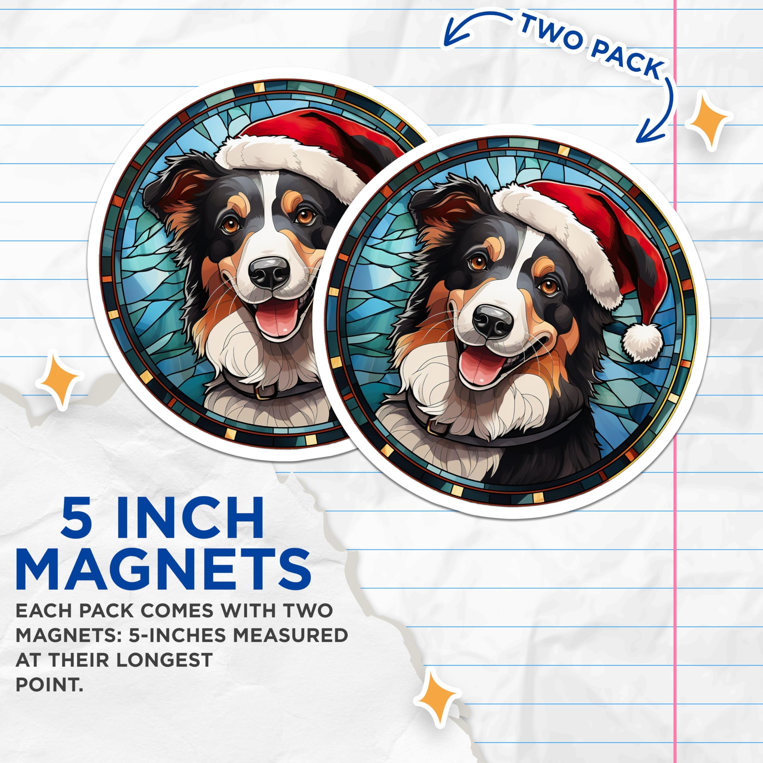 (2 Pack) Christmas Dog Magnets - Stained Glass Aussie Shepherd Santa Hat Decor - Holiday Pet Lover Fridge Accessories - 5 Inches On Longest Side - Thick Durable Magnet - Made in USA - MAG29586