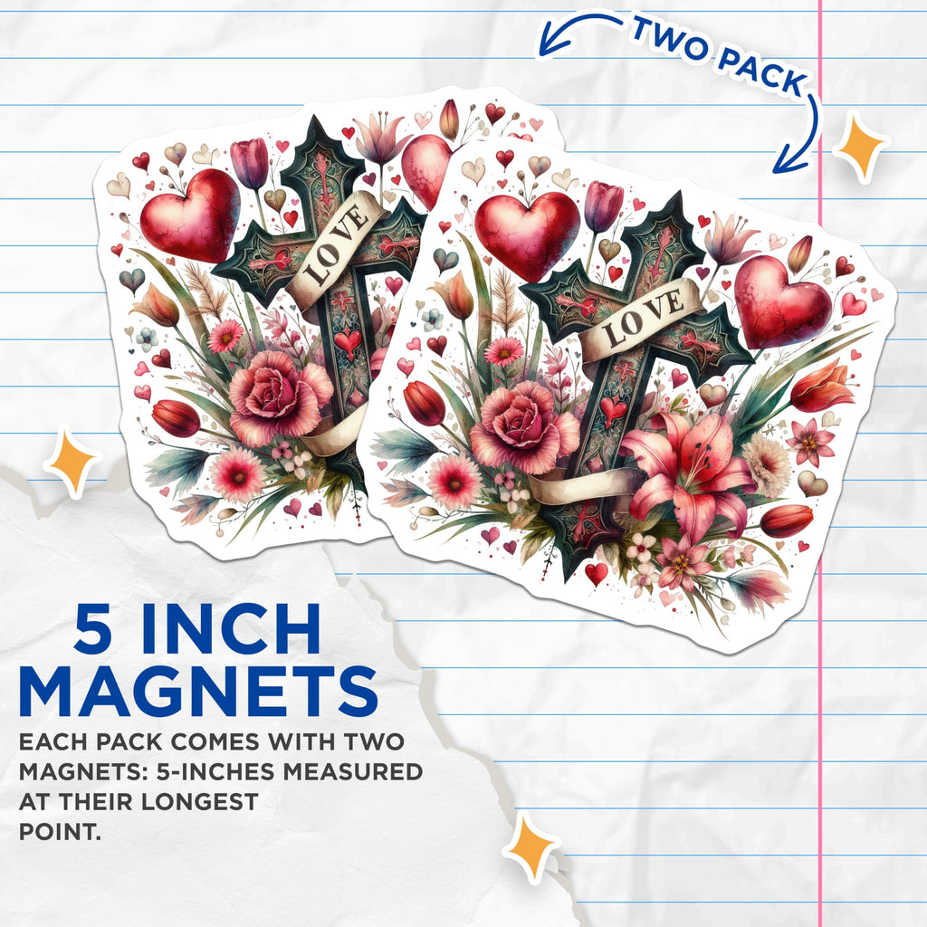 (2 Pack) Love Cross Magnets - Floral Heart Decor - Valentine Religious Art - Christian Home Accent - 5 Inches On Longest Side - Thick Durable Magnet - Made in USA - MAG21059