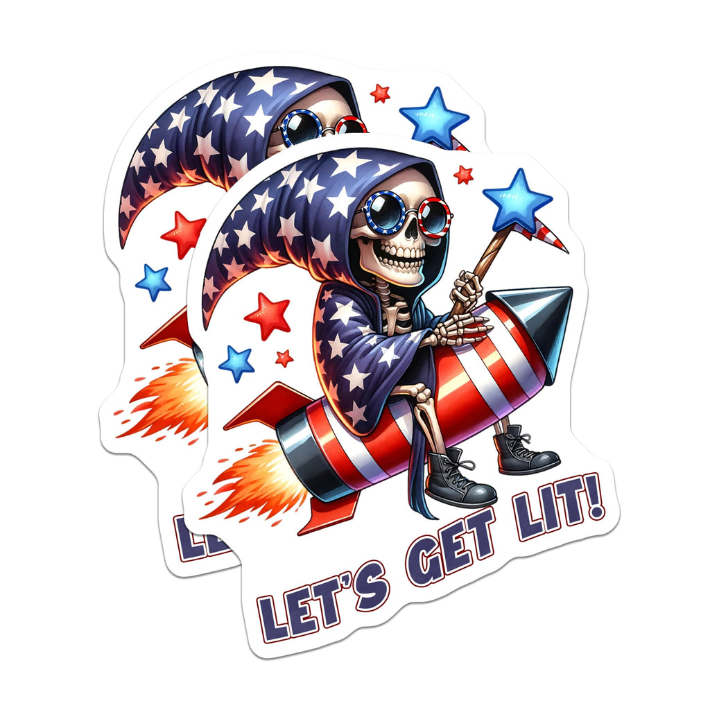 (2 Pack) Let's Get Lit Magnets - Humorous Skeleton Artwork - Rocket Ride Home Decor - Patriotic Skeleton Rocket - 5" On Longest Side - for Cars, Fridges, Toolboxes - Made in USA - MAG7927