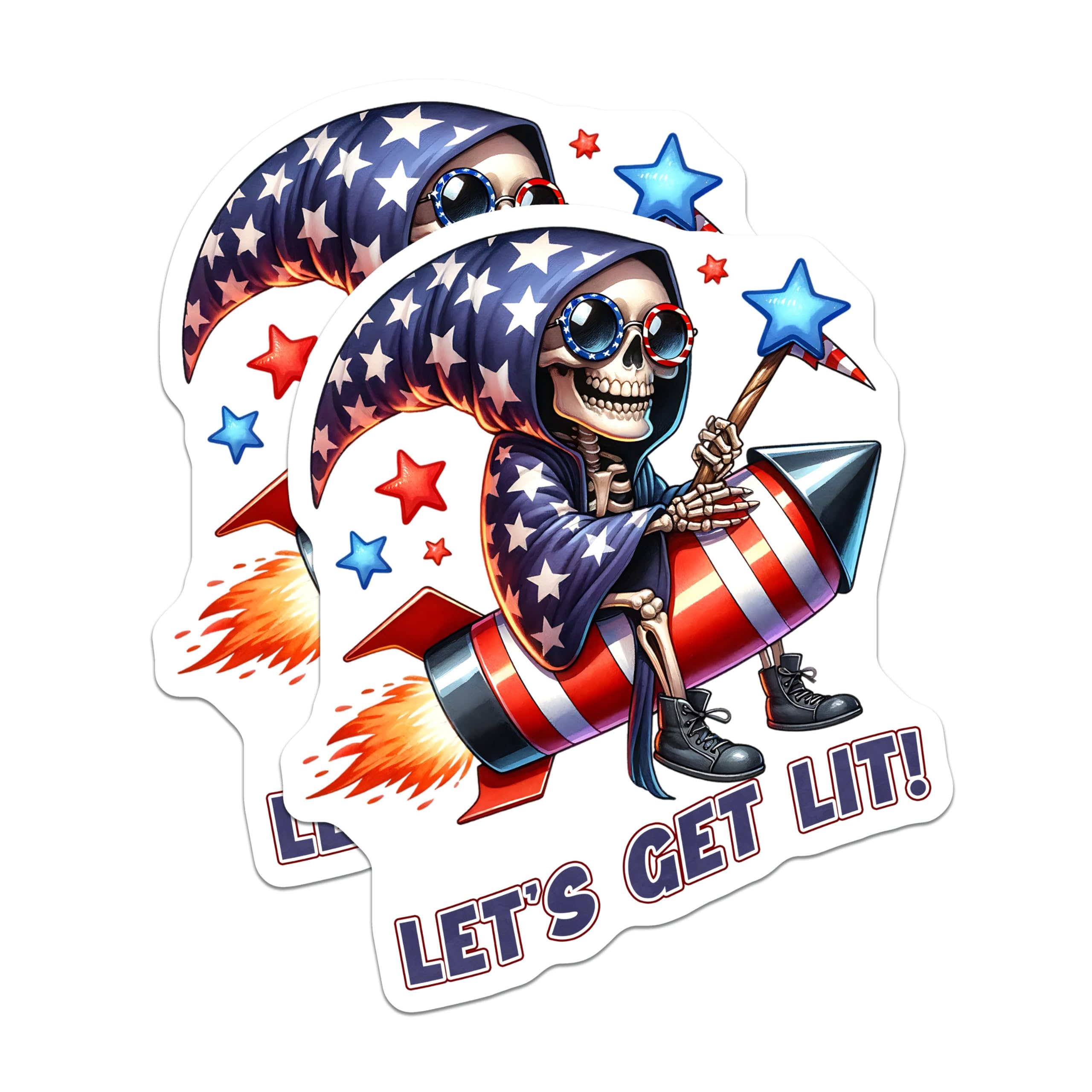 (2 Pack) Let's Get Lit Magnets - Humorous Skeleton Artwork - Rocket Ride Home Decor - Patriotic Skeleton Rocket - 5" On Longest Side - for Cars, Fridges, Toolboxes - Made in USA - MAG7927
