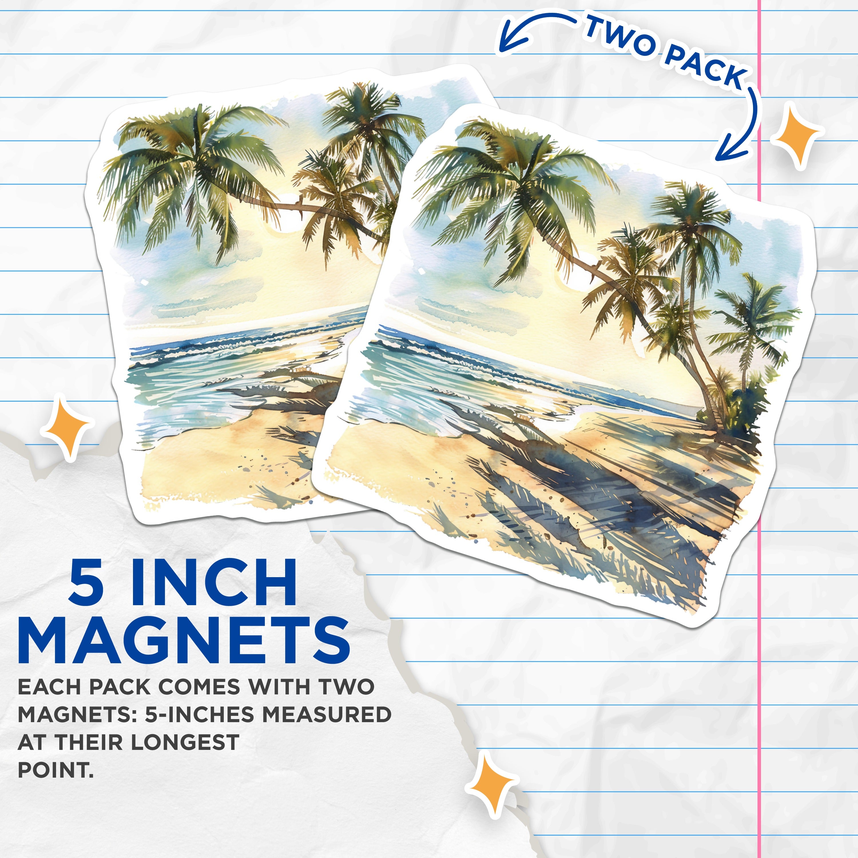 (2 Pack) Tropical Beach Magnets - Palm Tree Watercolor Art - Coastal Home Decor - Ocean Scene Fridge Magnets - 5 Inches On Longest Side - Thick Durable Magnet - Made in USA - MAG39822