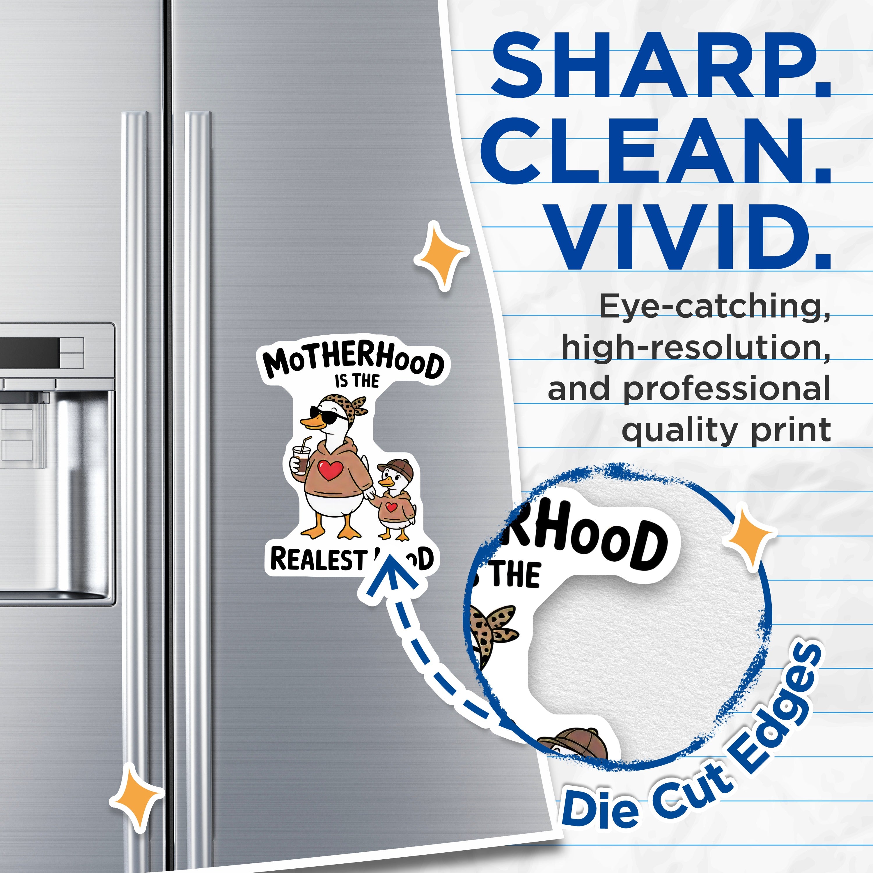 (2 Pack) Motherhood Realest Hood Magnets - Funny Mom Life Decor - Mama Duck Cartoon Art - 5 Inches On Longest Side - Thick Durable Magnet - Made in USA - MAG38268