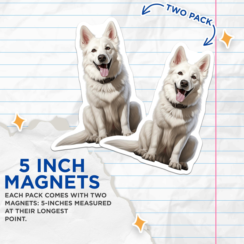 (2 Pack) White German Shepherd Magnets - Dog Lover Kitchen Decor - Pet Parent Refrigerator Art - 5 Inches On Longest Side - Thick Durable Magnet - Made in USA - MAG29194