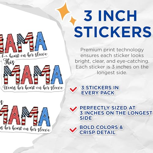 (3 Pack) Patriotic Mama Decals - American Flag - Heart on Sleeve - 3 Inches On Longest Side - Easy Peel & Apply - Made in USA - 3MCS6202