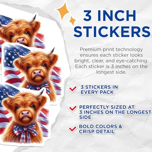 (3 Pack) Highland Cow Decals - American Flag - Laptop Decals- 3 Inches On Longest Side - Easy Peel & Apply - Made in USA - 3MCS5138
