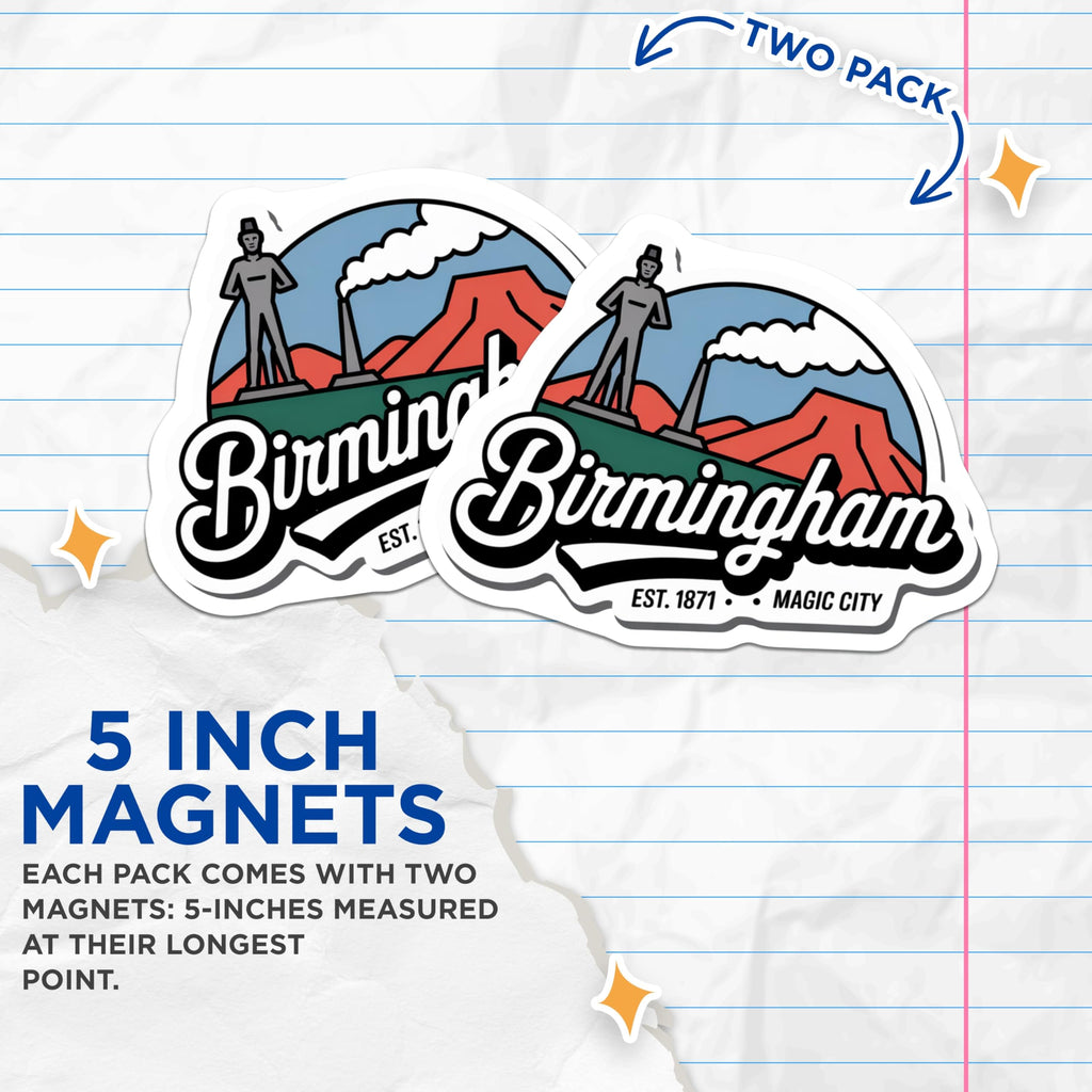 (2 Pack) Birmingham Alabama Magnets - Vulcan Statue Magic City - Established 1871 Souvenir - 5" On Longest Side - Premium Magnet - for Cars, Refrigerators, Toolboxes, Lockers - Made in USA - MAG17253