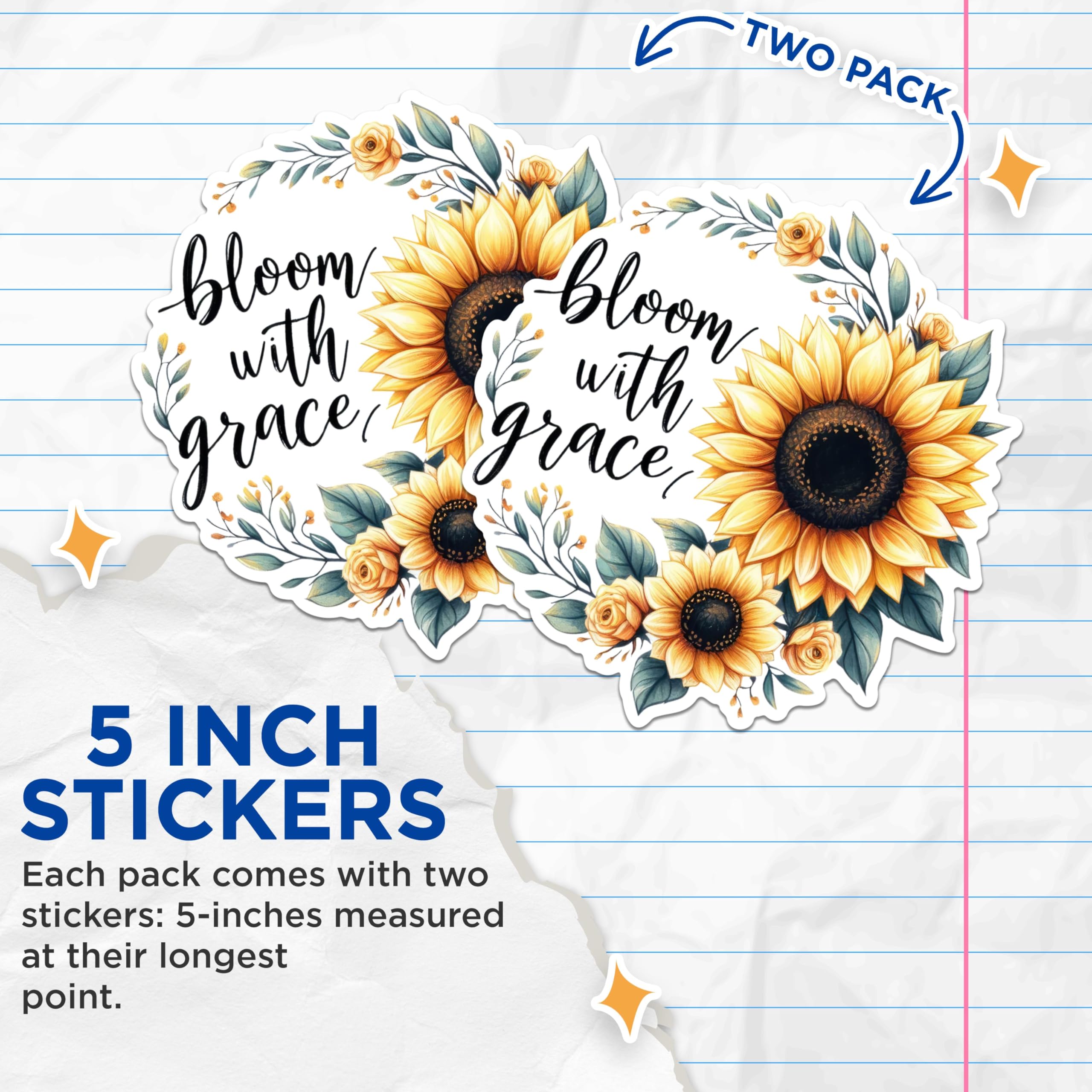 (2 Pack) Inspirational Sunflower Stickers - Bloom with Grace Stickers - Motivational Floral Stickers - 5" On Longest Side - Sticks to Any Smooth Flat Surface - Made in USA - BMCS2901