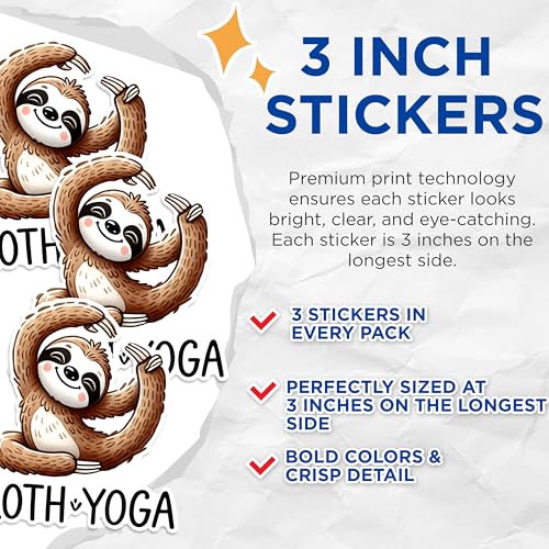 (3 Pack) Sloth Yoga Decals - Cute Animal Stickers - Laptop Decal - 3 Inches On Longest Side - Easy Peel & Apply - Made in USA - 3MCS1550