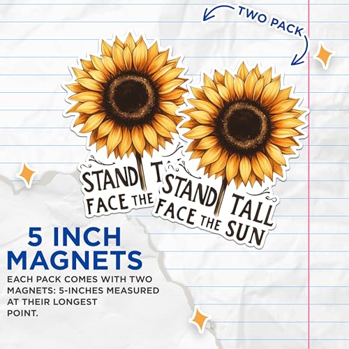(2 Pack) Stand Tall Face The Sun Magnets - Sunflower Inspiration Magnets - Motivational Flower Magnets for Home Decor- 5" On Longest Side - for Fridges, Toolboxes, Cars - Made in USA - MAG3033