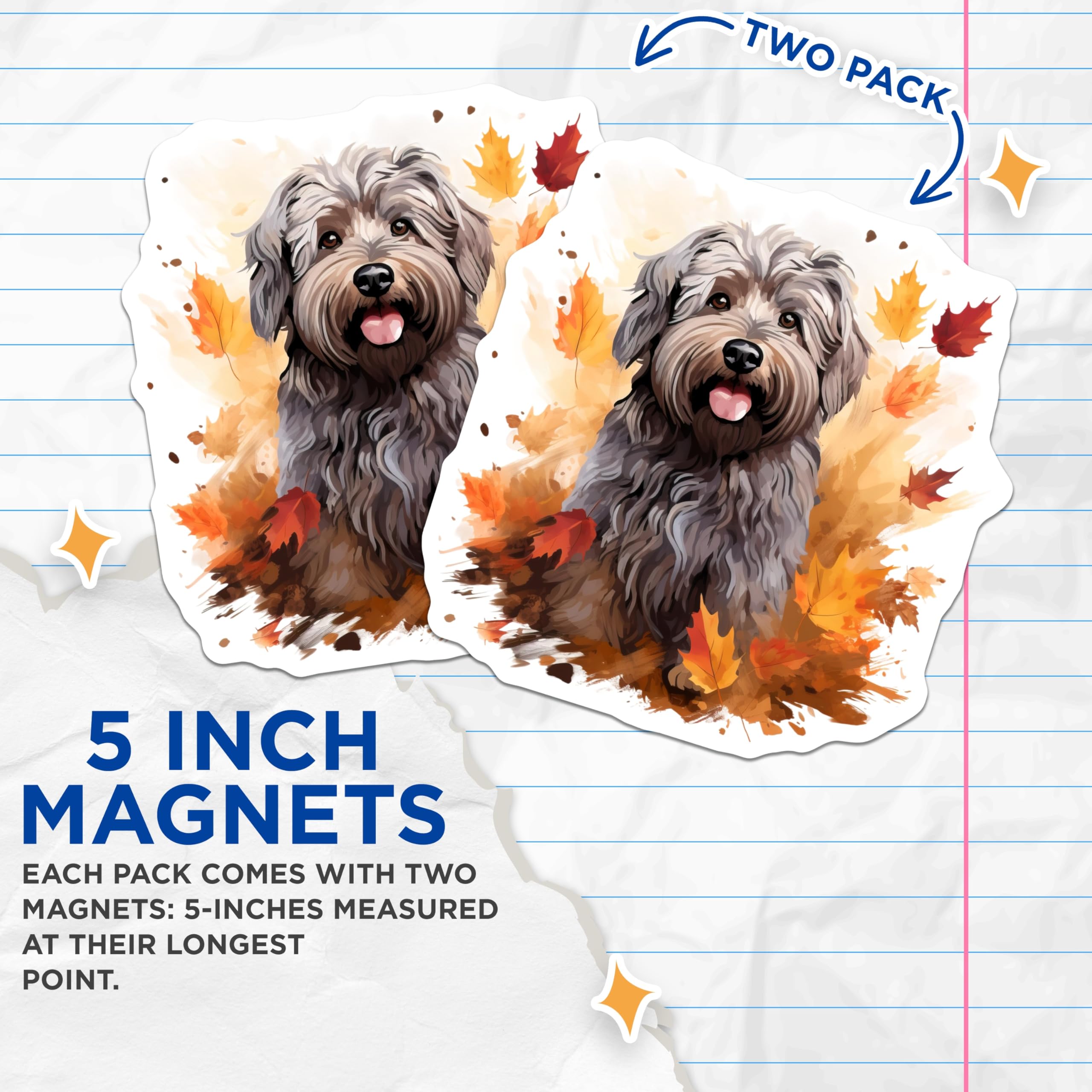 (2 Pack) Shaggy Dog Watercolor Art Magnets - Autumn Leaves Fall Decor - Cozy Pet Lover Home Accents - 5 Inches On Longest Side - Thick Durable Magnet - Made in USA - MAG27705