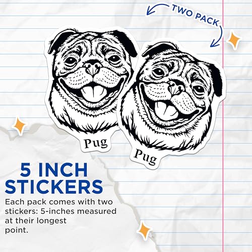(2 Pack) Pug Dog Face Stickers - Adorable Cartoon Pug Decals - Cute Animal Sticker for Laptop Bottle - 5" On Longest Side - Sticks to Smooth Flat Surfaces - Made in USA - BMCS4019