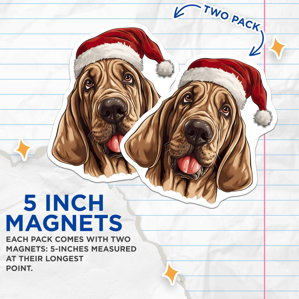 (2 Pack) Bloodhound Christmas Magnets - Santa Dog Holiday Decor - Pet Lover Fridge Display - 5 Inches On Longest Side - Thick Durable Magnet - Made in USA - MAG29671